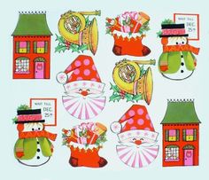 an assortment of christmas stickers on a pink background