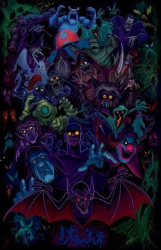 an image of many different monsters in the night time sky with glowing eyes and fangs