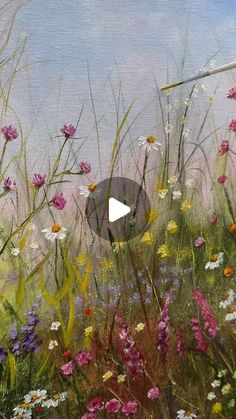 an oil painting of wildflowers and daisies in a field