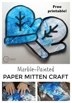 the instructions for making marble - painted paper mitten craft are shown in three pictures