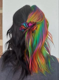 Split Dyed Hair Black And Rainbow, Vivid Hair Color Split Dye, Green Peekaboo Hair Blonde, Fun Hair Color Ideas Split Dye, Multiple Color Hair Dye Ideas, Slip Dye Hair, Split Rainbow Hair