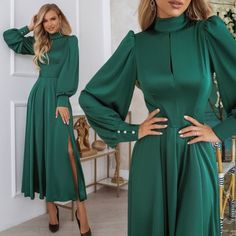 Step into sophistication with our Emerald Radiance dress. This exquisite long sleeve satin cocktail dress in a captivating emerald green hue is designed to make you stand out at any event. The luxurious satin fabric adds a touch of glamour, while the long sleeves provide an elegant finish. Perfect for cocktail parties, evening events, or any special occasion, the Emerald Radiance dress promises to enhance your natural beauty and leave a lasting impression. Embrace the enchanting elegance of this Long Sleeve Party Midi Dress, Chic Long Sleeve Satin Dress For Party, Satin Long Sleeve Evening Dress, Elegant Satin Dress For Night Out In Fall, Formal Long Sleeve Satin Dress For Fall, Long Sleeve Solid Color Midi Dress For Banquet, Green Satin Dress For Formal Occasions, Elegant Satin Dress For Fall Party, Green Long Sleeve Satin Dress For Party