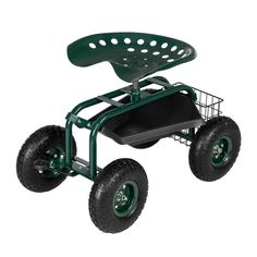 a green cart with two wheels and a basket on the front, attached to it