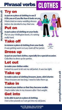 a poster with instructions on how to wear clothes in english and spanish, including the words phrasal verbs