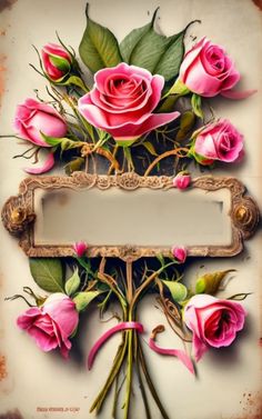 some pink roses are in front of an old frame