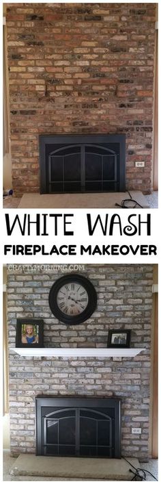 the fireplace is painted white and has a clock above it with black lettering that says, white wash fireplace makeover