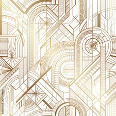 an art deco style wallpaper with gold and white lines, circles and spirals