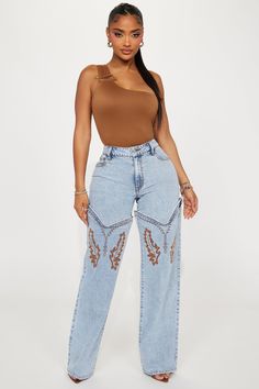 Available In Light Wash. Straight Leg Jean 5 Pocket Detachable Embroidered Boot Panel 10" Mid Rise 33" Inseam Non Stretch Disclaimer: Due To The Specialized Wash Process, Each Garment Is Unique. 100% Cotton Imported | Let's Ride Western Boot Convertible Straight Leg Jeans in Light Wash size 3 by Fashion Nova Cow Print Jeans, Texas Fashion, Embroidered Boots, Country Girl Style, Western Boot, Printed Jeans, Jeans Light, Country Girl, Girl Style