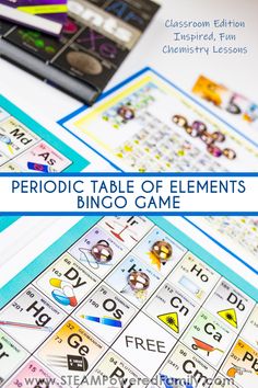 the periodic table of elements bingo game is shown in front of two books with text that reads