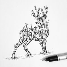 a drawing of a deer with trees in the background and a ballpoint pen resting on it's side