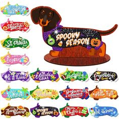 a wooden sign that says happy halloween with a dachshund sitting on it