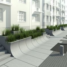 an artist's rendering of a row of buildings with grass growing in the planters