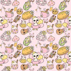 a pink background with many different cartoon characters