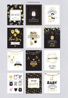 a bunch of cards that have different designs on them, including the words happy new year and