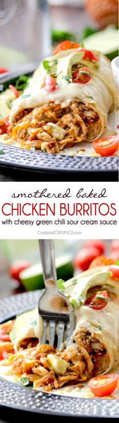 chicken burritos with cheesy green chili cream sauce are on a plate