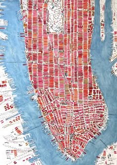 a map of new york city drawn in red and blue watercolor on white paper