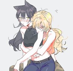 two anime characters hugging each other with their arms around one another