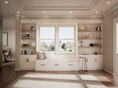 a living room filled with white furniture and lots of shelves next to a large window