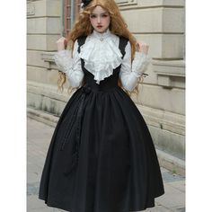 A young lady who runs through the night and travels through the pitch-black darkness. She wears a jumper skirt with lace-up decoration on the back, a short jacket, and a blouse with a statement jabot. Enjoy the mysterious atmosphere that lurks in the darkness.       Item     Jumper skirt - long length (*with flower ribbon)   Jumper skirt - Short length (*with flower ribbon)   Short jacket   Blouse (*with jabot)       Size     Jumper skirt - long length     S size     Length: 117cm   Shoulder wid Long Sleeve Victorian Dress For Cosplay, Steampunk Victorian Dress For Costume Party, Evening Victorian Dress For Fall, Elegant Black Skirt For Costume, Short Pollera, Jacket Blouse, Evening Blouses, Jumper Skirt, In The Darkness