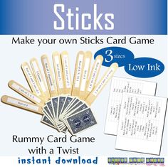 stickers with instructions to make your own sticks card game, including 3 cards and an instant