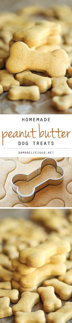 homemade peanut butter dog treats are ready to be baked in the oven and put together