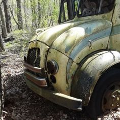 an old truck is sitting in the woods