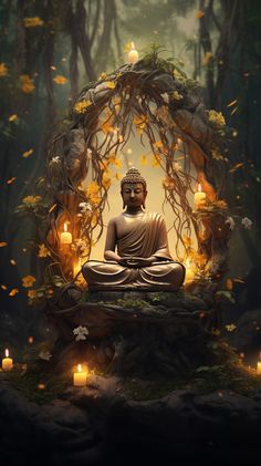 a buddha statue sitting in the middle of a forest surrounded by candles