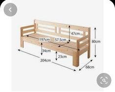 a wooden bench with measurements for the seat and back rest area on top of it