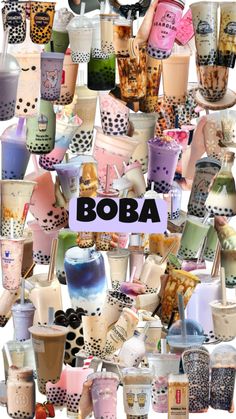 boba cups are stacked up together with the word boba above them