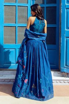 Shop for Vaayu Blue Chanderi Lehenga Set for Women Online at Aza Fashions Chanderi Lehenga, Floral Dupatta, Lengha Blouse Designs, Embroidery Lehenga, Conscious Clothing, Indian Bridesmaid Dresses, Wedding Lehenga Designs, Lehenga Designs Simple, Long Kurti Designs