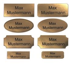 brass metal name plates with different names on the front, back and side of them