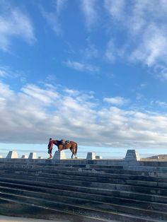 a horse that is standing on some steps in the sky with it's head down