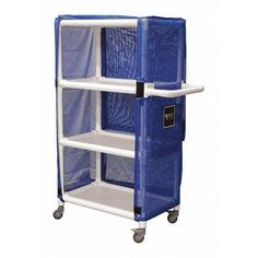 a blue and white cart with three shelves