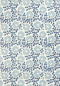 a blue and white wallpaper with leaves on it