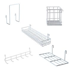 four different types of dish racks with handles and bars on each side, all in various shapes and sizes