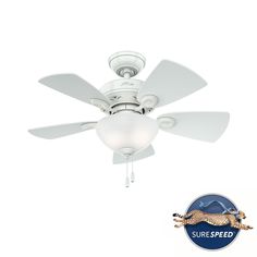 a white ceiling fan with a light on it and a logo for sure - speed