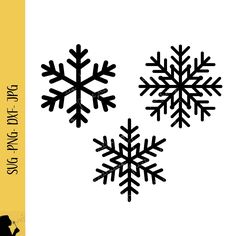 three snowflakes are shown in black and white, with the words winter on them