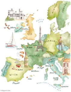 an illustrated map of europe with all the major cities and their names in watercolor