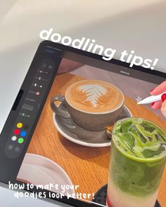 a woman is holding a tablet with a drink on it