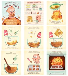 the instructions on how to cook pancakes in an oven with cartoon characters and food items