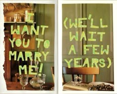 two pictures with words written on them in green and yellow colors, one has a wooden chair and the other says it'll want you to be a few years