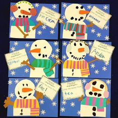 four snowmen are shown with their name tags on the front and back of them