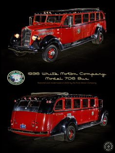 an old red firetruck is shown in two different views, with the front and back sides facing each other