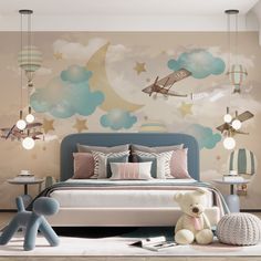 a child's bedroom decorated in pastel colors with an airplane mural on the wall