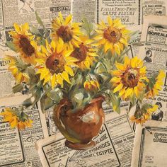 a painting of sunflowers in a brown vase on newspaper pages with other papers