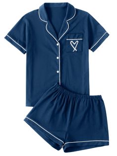 PRICES MAY VARY. Two piece sleepwear set feature with button down shirt and a pair of elastic waist shorts. Soft fabric, breathable and comfy to wear. Notch neck button front shirt top with a chest pocket with heart embroideried, elastic waistband shorts. Summer V neck shorts lounge set for women and girls. Contrast solid color, piping binding trim design, cute and elegant loungwear set. Relaxed fit and cozy style that you can style from day to night. Short sleeve notch collar pajamas set suitab Shorts Sleepwear, Pjs Set, Trim Design, Women's Pajamas, Cozy Style, Shorts Summer, Womens Pyjama Sets, Sleepwear Sets, Elastic Waist Shorts