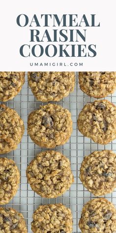 oatmeal raisin cookies on a cooling rack with the title overlay