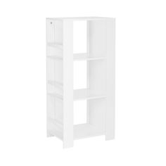 a white bookcase with three shelves on each side