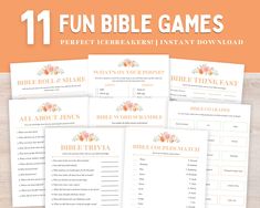 the bible games bundle is shown in four different colors, including orange and pink flowers