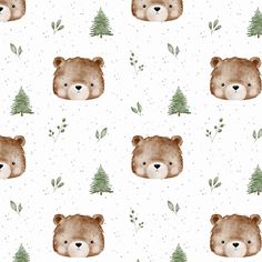 a brown bear with green leaves and trees on it's face is shown in this watercolor pattern